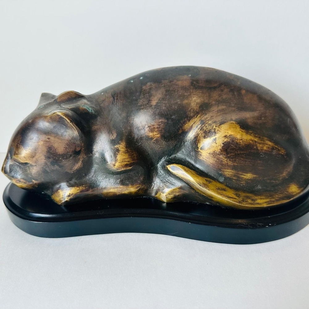 Vintage Bronze Sleeping Cat Figurine Door Stop MCM Decor Sculpture Korea Heavy